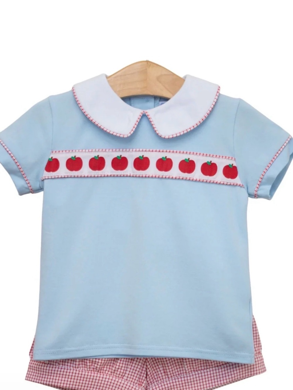 Light Blue Peter-Collar Kids Tee with Red Apple Smocking NWT